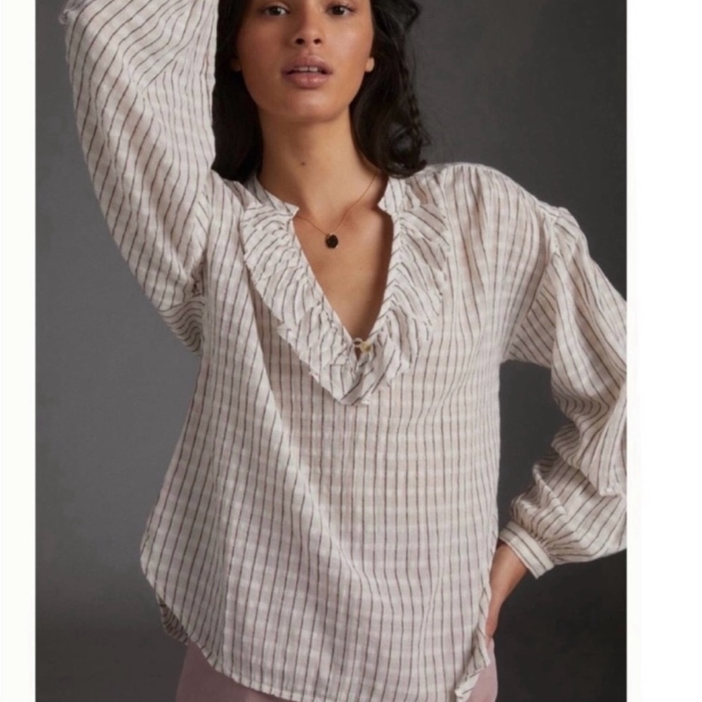 Pilcro Beige Striped Ruffle Blouse
